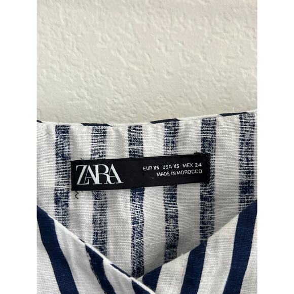 Zara Blue White Striped Cold Shoulder Button Up Linen Blend Sundress Womens XS - Picture 12 of 16